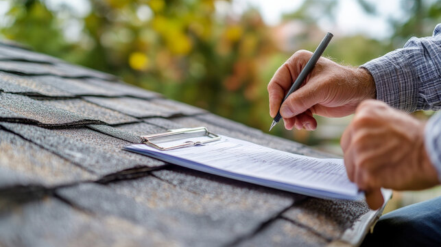 close up of person reviewing roof repair checklist while sitting on roof. focus is on hands holding pen and clipboard, emphasizing importance of maintenance