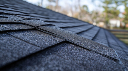 close up of roofs edge featuring new shingles and flashing, showcasing texture and detail of roofing material. image conveys sense of durability and craftsmanship