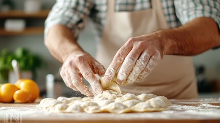 Close-up of hands skillfully shaping dough on a floured surface in a rustic kitchen setting, highlighting the tactile experience and artistry of home cooking.