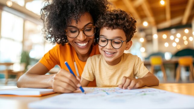 With smiles and glasses, a mother and son color together, happily engaging in an artful activity, illustrating learning and creative familial interaction.
