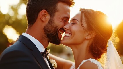 A bride and groom, dressed in elegant wedding attire, share a joyful, intimate moment with broad smiles as the sun sets, symbolizing love and happiness in marriage.