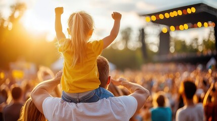 A child energetically raises arms while sitting on shoulders amid a lively crowd at a music event during sunset, highlighting joyful family time and vibrant atmosphere.