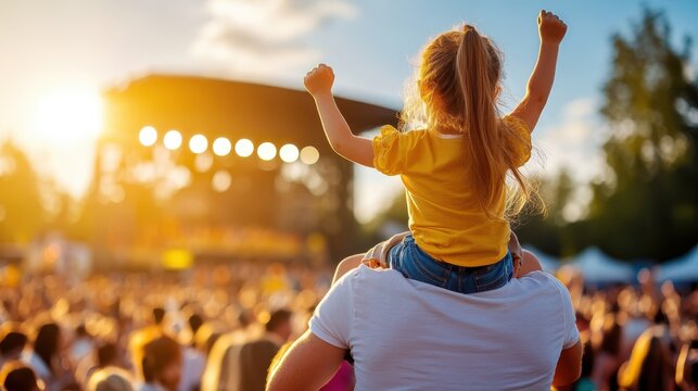 A child sits on an adult's shoulders, raising arms in joy amidst a large, vibrant crowd at an outdoor music festival with a lit stage in the background at sunset.