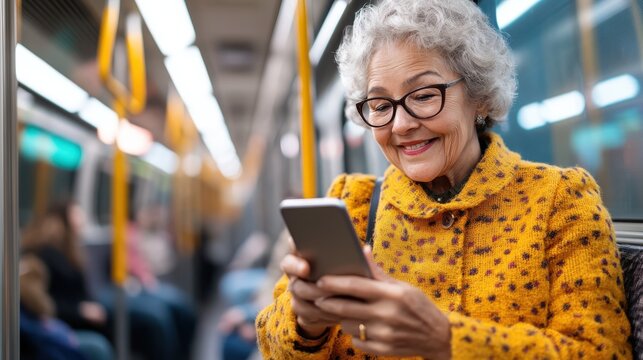 An elderly woman in a stylish yellow coat checks her mobile on the subway, embodying independence, connection, and enjoyment of her journey on public transport.