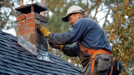 worker applying flashing around chimney on roof, showcasing skilled craftsmanship and attention to detail. scene captures dedication and safety measures taken during roofing work