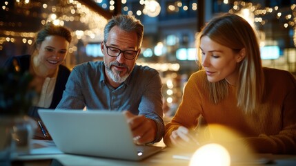 A diverse team collaborates around a laptop, discussing ideas in a warm, inviting cafe-like setting adorned with soft lights for a creative work ambiance.