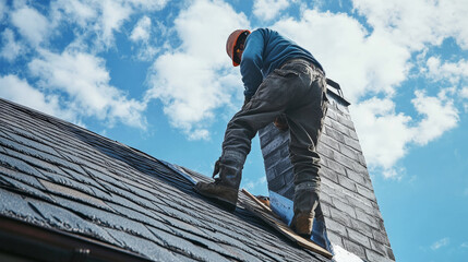 worker applying flashing around chimney on roof under bright blue sky. scene captures dedication and skill involved in roofing work, showcasing importance of proper installation for weatherproofing