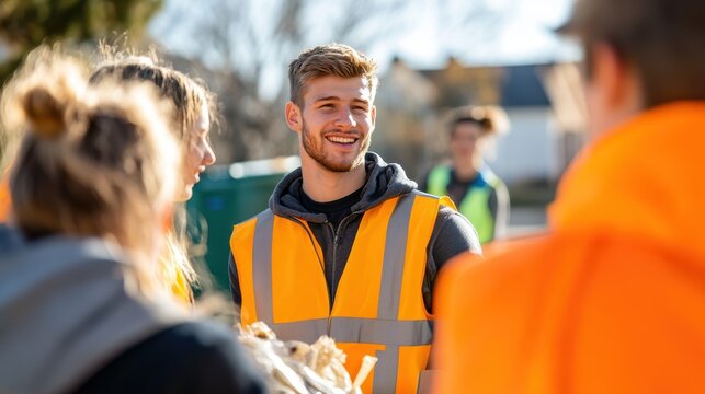 A young male volunteer in an orange safety vest stands smiling among peers on a bright day, fostering a sense of unity and happiness in community service.