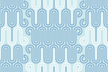 Retro round line geometrics pastel blue Vector pattern. Boho curved lines mosaic in monochrome light blue colors seamless pattern.