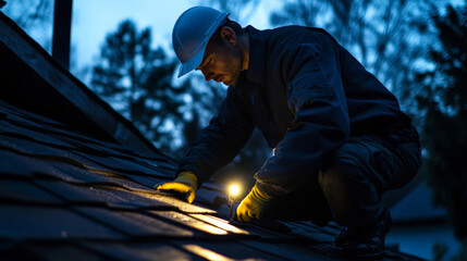 worker inspecting roof with flashlight, focused on identifying potential issues in dim light of dusk. scene conveys diligence and attention to detail