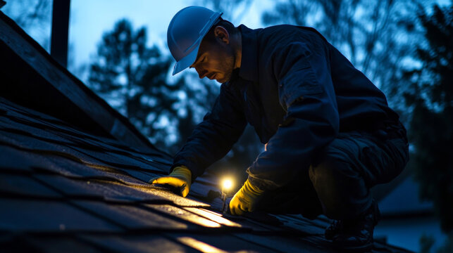 worker inspecting roof with flashlight, focused on identifying potential issues in dim light of dusk. scene conveys diligence and attention to detail
