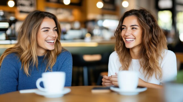 Two women with long hair, dressed in casual sweaters, enjoying a laugh and conversation over coffee, seated in a warm and inviting café environment.