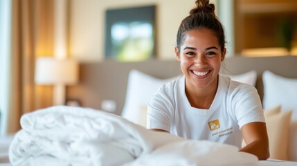 A cheerful hotel staff member is organizing towels in a modern suite, conveying happiness and zest while attentively performing her professional duties in hospitality.