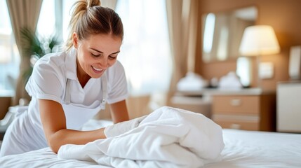 Obraz premium The hotel employee, with a cheerful demeanor, makes a bed in a bright, airy room, demonstrating the high standards of cleanliness and hospitality service.