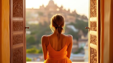A woman dressed in an orange gown sits thoughtfully by an open window, enjoying a stunning architectural cityscape bathed in golden sunset tones.