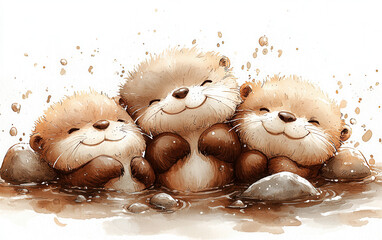 Three playful otters splashing in water, cheerful expressions, white isolated background.