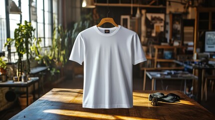 Fototapeta premium Crisp and Detailed Stock Photo of White Crew Neck T-Shirt on Light Table with Sparse Objects