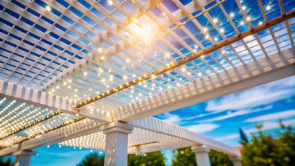 Capture the enchanting bokeh effect of a pergola roof against a bright blue summer sky, creating inviting shade by the poolside for stunning stock photography.