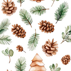 Minimalist watercolor design featuring pine branches and pinecones, creating serene and natural atmosphere. Perfect for seasonal decor or nature inspired projects