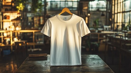 Detailed Shot of Crew Neck T-shirt on Light Table in Realistic Setting