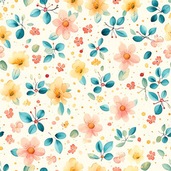 Soft pastel watercolor wildflowers create delicate and cheerful pattern, featuring various blooms and leaves that evoke sense of tranquility and beauty