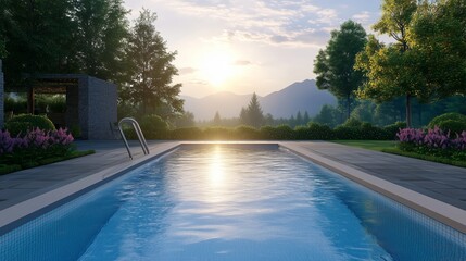 Serene sunset view over a tranquil swimming pool surrounded by lush greenery and mountains at dusk