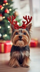 Adorable Yorkshire Terrier wearing festive reindeer antlers sits attentively by Christmas tree, surrounded by wrapped gifts and twinkling lights, embodying holiday cheer.