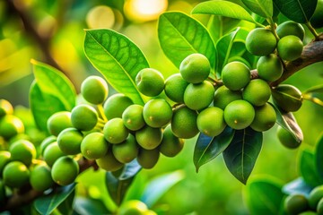 Close-up photography reveals fresh green fruits nestled on branches, celebrating nature's bounty. This organic theme emphasizes the beauty and richness of the natural world.
