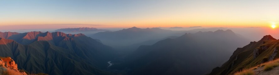 Fototapeta premium 360 degree mountain range with mist hovering over the peaks, 360 degree photo. HDRI spherical panorama.