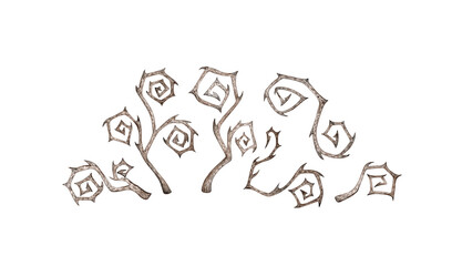 Dry black branches twisted with thorns set, Halloween watercolor illustration. Spiked and gnarled driftwood isolated from the background. Gothic decorations for autumn and winter design.