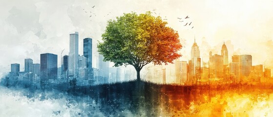 Obraz premium A vibrant illustration of nature and urban life blending through contrasting colors and landscapes.