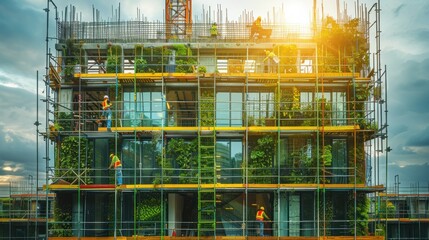 Construction of a green building with workers on scaffolding