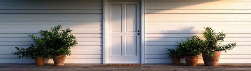 Fototapeta premium A white door with potted plants on each side, set against a white wooden wall, creating a welcoming entrance.