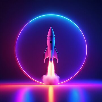 Cohete espacial en un ambiente tecnol&oacute;gico y futurista con iluminaci&oacute;n de neones bicolor azul y roja
