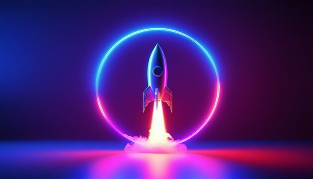 Cohete espacial en un ambiente tecnol&oacute;gico y futurista con iluminaci&oacute;n de neones bicolor azul y roja