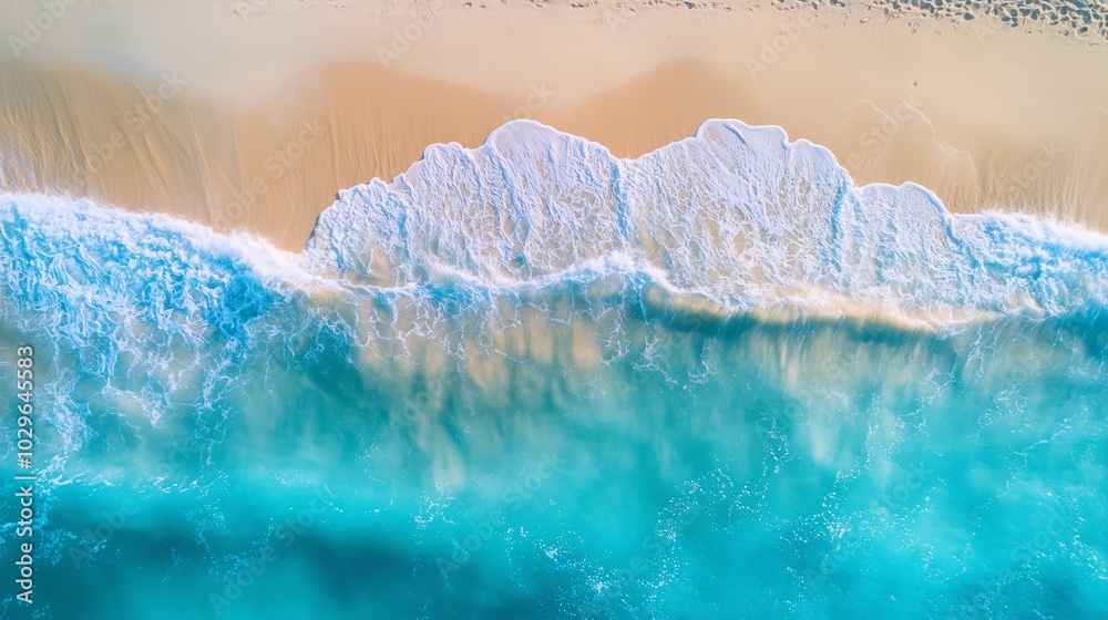 Poster Waves gently crash on pristine sandy beach under bright sun on a clear day near a tropical shore