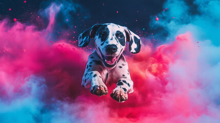 Dalmatian Puppy Leaping Through Colorful Smoke. A playful Dalmatian puppy jumping joyfully through vibrant clouds of pink and blue smoke. Perfect for pet, creative, or colorful design projects.