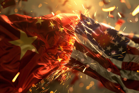 Flags of China and USA collide, symbolizing tension and conflict