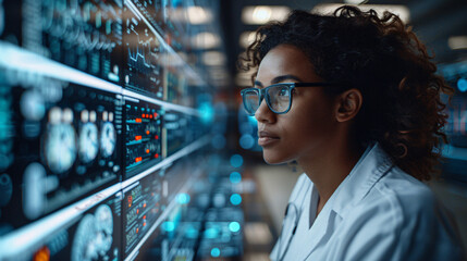 Innovative woman analyzing data on digital screens in lab
