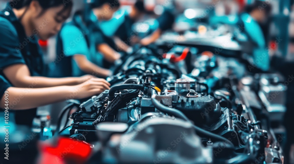 Poster worker examining car engine in factory