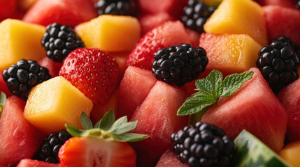 Obraz premium Fresh and colorful fruit salad featuring watermelon, strawberries, mango, and blackberries, garnished with mint leaves, perfect for refreshing snack or dessert