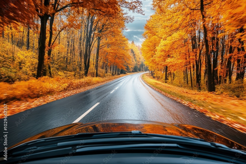 Canvas Prints a car driving down a road surrounded by trees