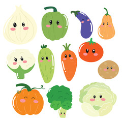 set of kawaii character vegetables cartoon design. tomato, cucumber, eegplant, broccoli, carrot cartoon mascot. kawaii emoticon