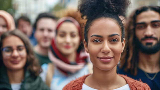 Diverse group of young adults smiling together in vibrant setting