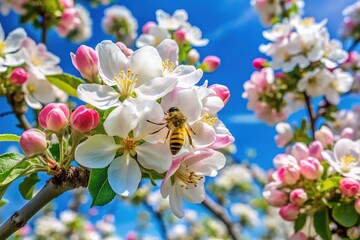 Decorative Apple Tree Blossoms with Bees Under Bright Blue Sky - Nature, Spring, Pollination, Floral Beauty, Botanical Photography, Vibrant Colors, Macro, Outdoor 