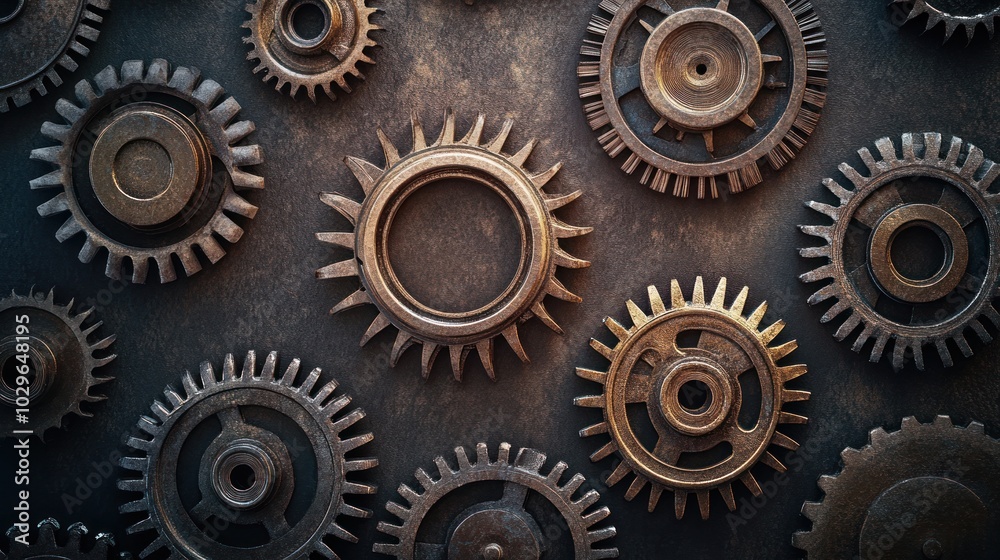 Poster a closeup of rusty gears on a black surface