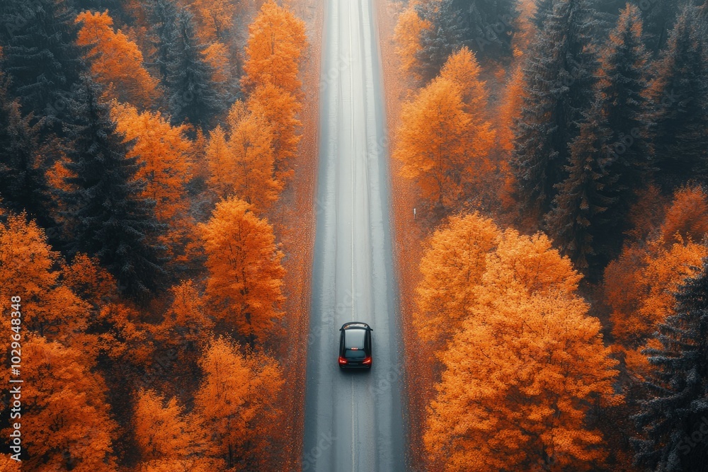 Poster a car driving down a road surrounded by trees