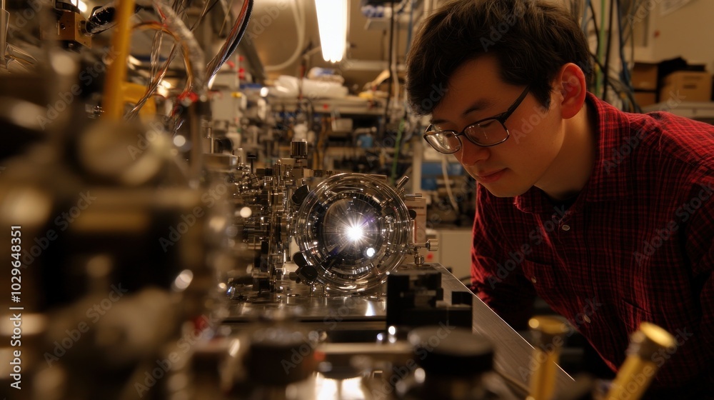 Aufkleber scientist examining a complex scientific instrument in a laboratory setting