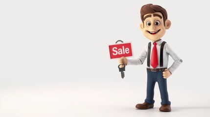 Cartoon Man Holding a Sale Sign and Key