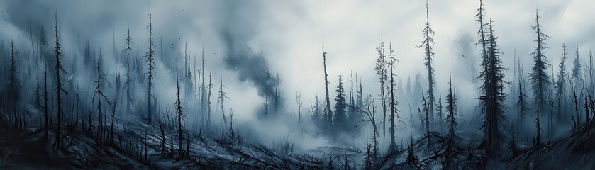 Eerie landscape with tall, burned trees under a cloudy sky.
